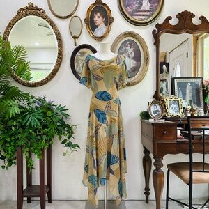 Dress Barn Beige Maxi Dress with Blue and Green Leaf Print